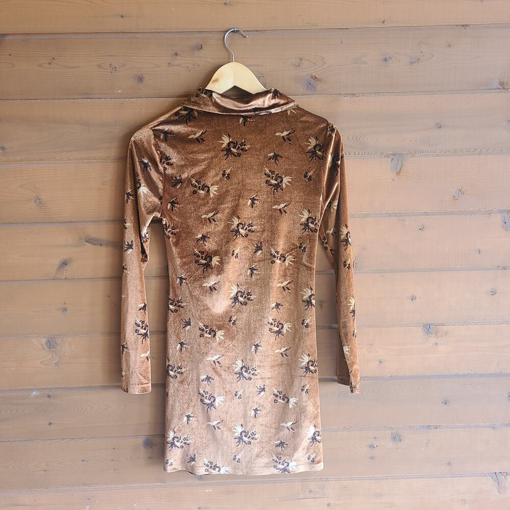 House of Harlow Dress Mini Floral Velvet Bodycon Brown Boho Long Sleeve NWOT XS - Picture 3 of 4